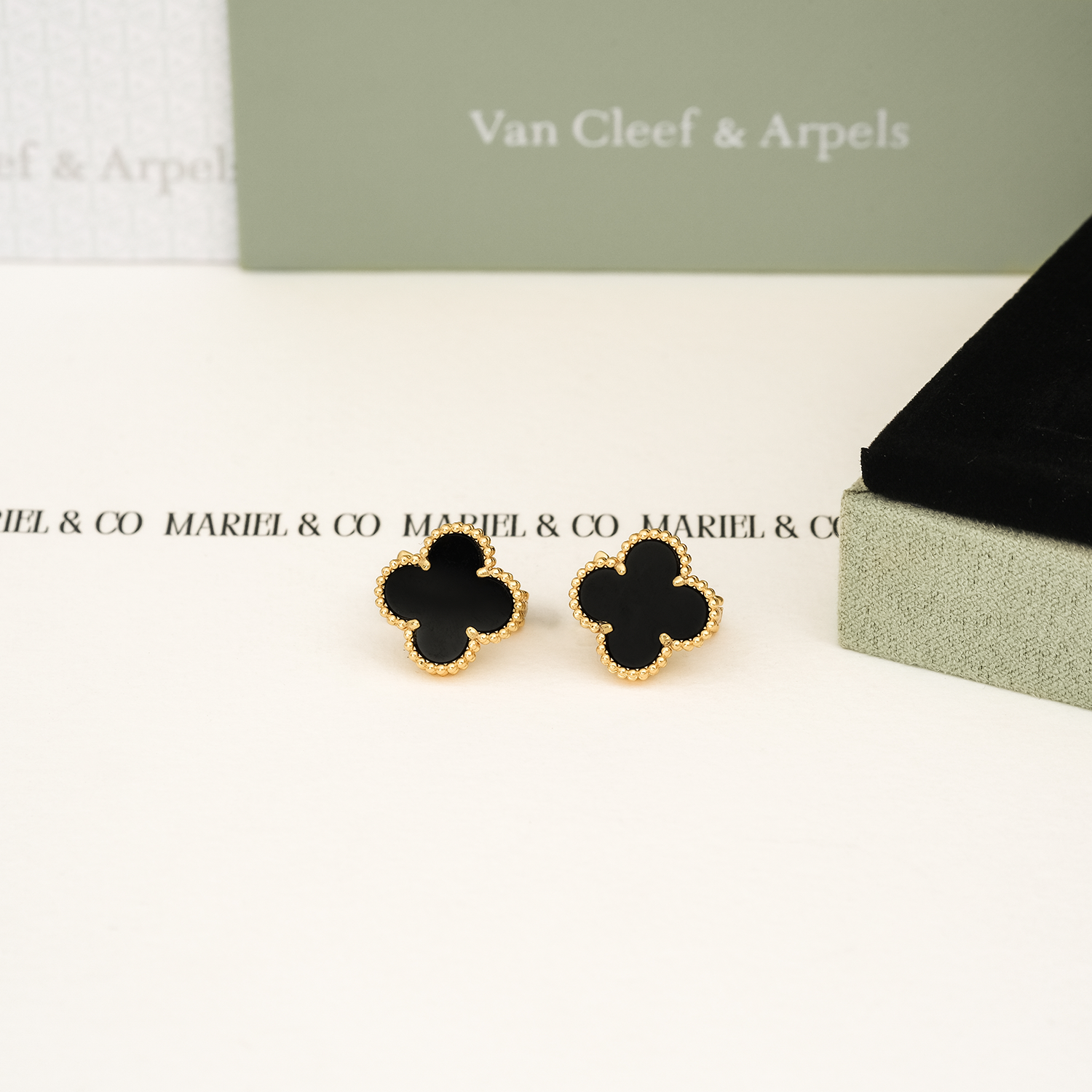 VINTAGE ALHAMBRA EARRINGS, ONYX, YELLOW GOLD