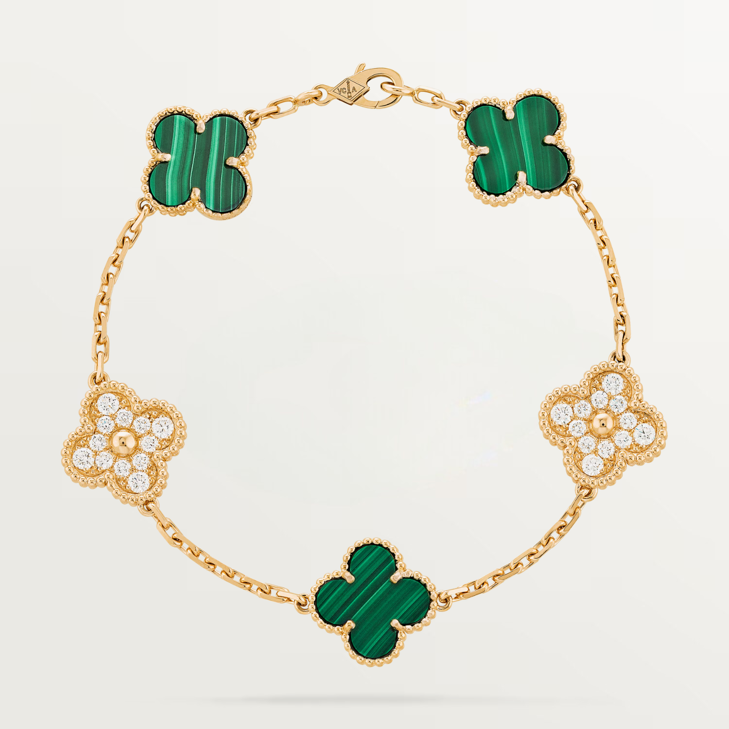 DIAMOND VINTAGE ALHAMBRA BRACELET, 5 MOTIFS, MALACHITE, YELLOW GOLD